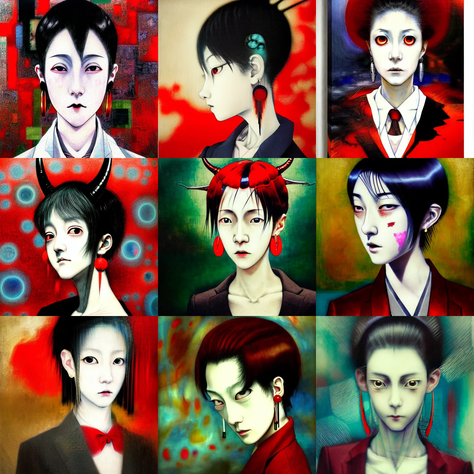 Prompt: yoshitaka amano blurred and dreamy realistic three quarter angle portrait of a sinister young woman with short hair, big earrings, horns and red eyes wearing office suit with tie, junji ito abstract patterns in the background, satoshi kon anime, noisy film grain effect, highly detailed, renaissance oil painting, weird portrait angle, blurred lost edges