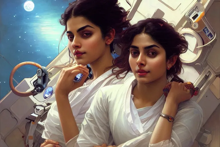 Image similar to Sensual good looking pale young Indian doctors wearing jeans partying in a space station above Earth performing surgery, portrait, elegant, intricate, digital painting, artstation, concept art, smooth, sharp focus, illustration, art by artgerm and greg rutkowski and alphonse mucha