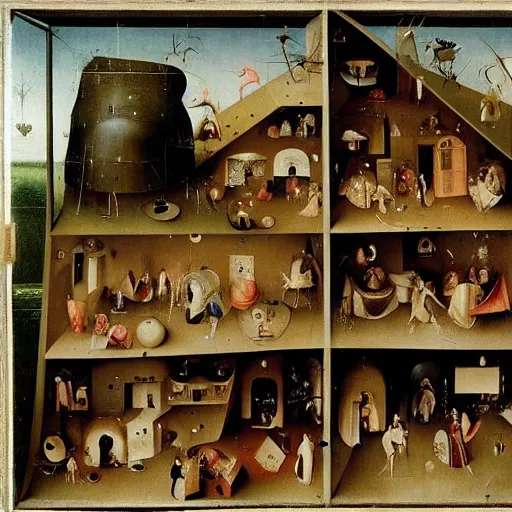 Image similar to humans living in a doll house by Hieronymus Bosch