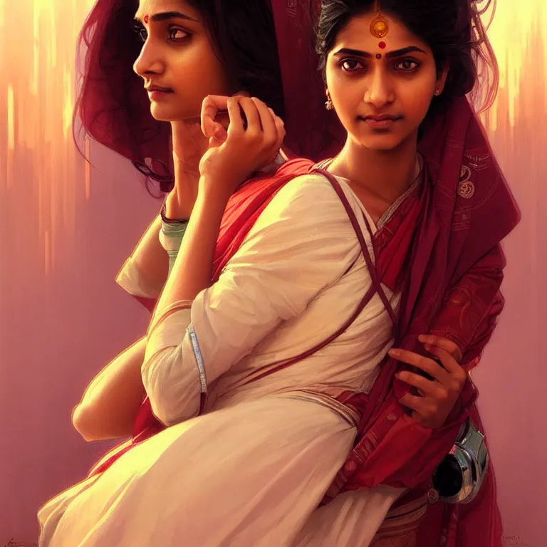 Image similar to Anxious pretty young Indian doctor waiting for her flight, portrait, sci-fi face, elegant, highly detailed, digital painting, artstation, concept art, smooth, sharp focus, illustration, art by artgerm and greg rutkowski and alphonse mucha