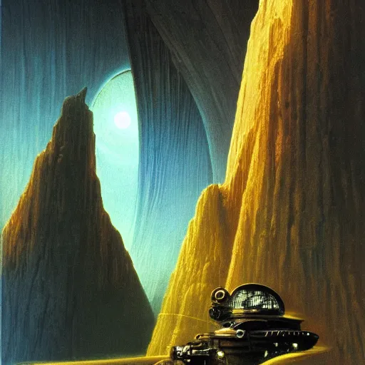 Image similar to The world is labyrinthine beyond possibility of imagining, inhabited on many levels by alien intelligence, infinite in extent, staggering in its beauty, terrifying in its weirdness, endlessly satisfying and peculiar, by Ralph McQuarrie and Bruce Pennington, cinematic lighting, hyper realism, high detail, iridescent accents