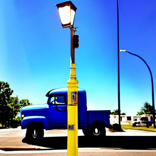 Image similar to blue truck stuck on a street light pole