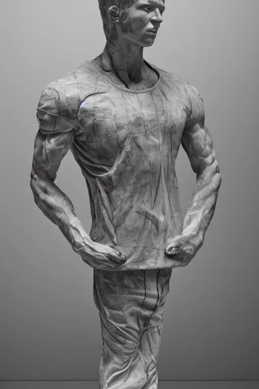 Image similar to marble sculpture of man in Adidas jacket sportswear, intricate sculpture, chiseled muscles, godlike, museum photo