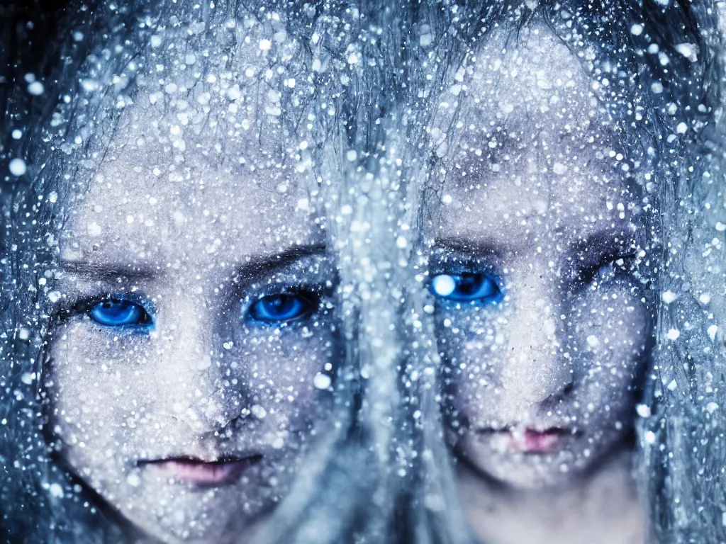 Image similar to the piercing blue eyed stare of yuki onna, freezing blue skin glinting and glittering, blizzard in the mountains, bokeh, asymmetric, rule of thirds