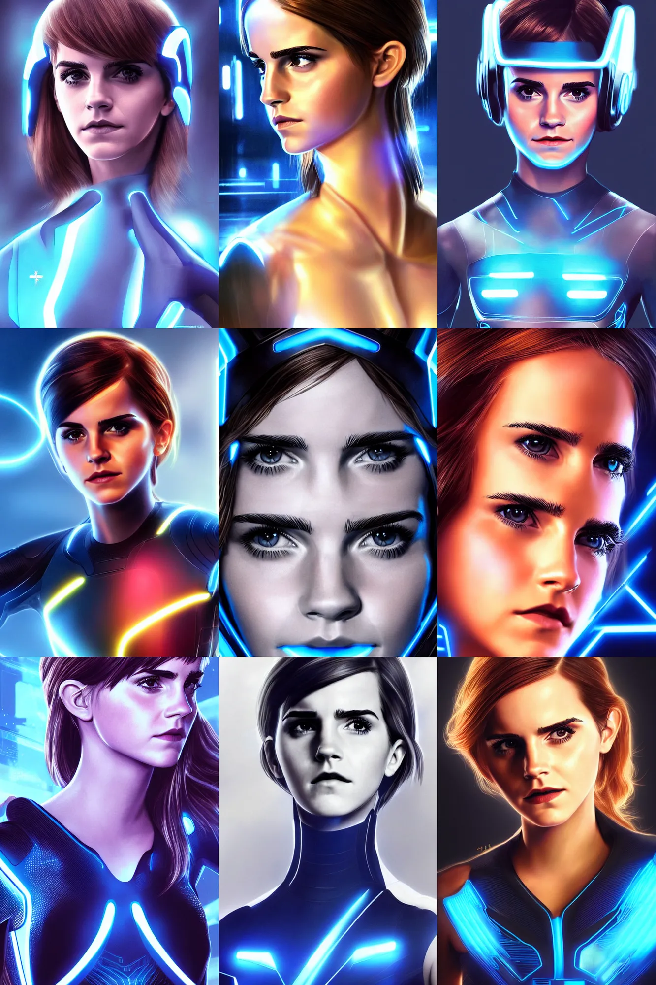 Prompt: closeup shot of emma watson in tron legacy cosplay, concept art, by artgerm