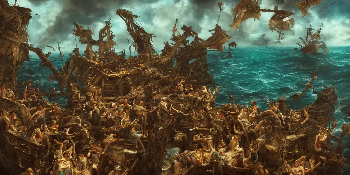 Image similar to “a group of ornate sirens singing pirates to shipwreck, cinematic lighting, detailed oil painting, hyperrealistic, 8k”