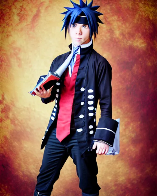 Prompt: photo realistic wide angle lens naruto anime cosplay wearing a beautiful 1 8 th century suit with a tie, rococo style, ed emshwiller style, highly detailed, very realistic, painterly style