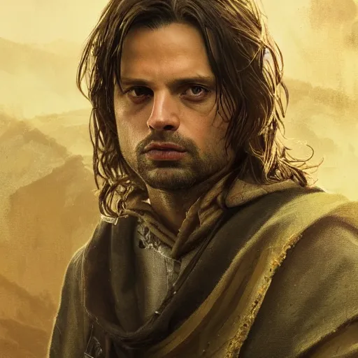 Image similar to sebastian stan as aragorn by leonardo divinci, greg rutkowski, alphonse mucha, mystical cosmic lighting, octane render, artstation, rey tracing, golden ratio, rule of thirds, perfect composition