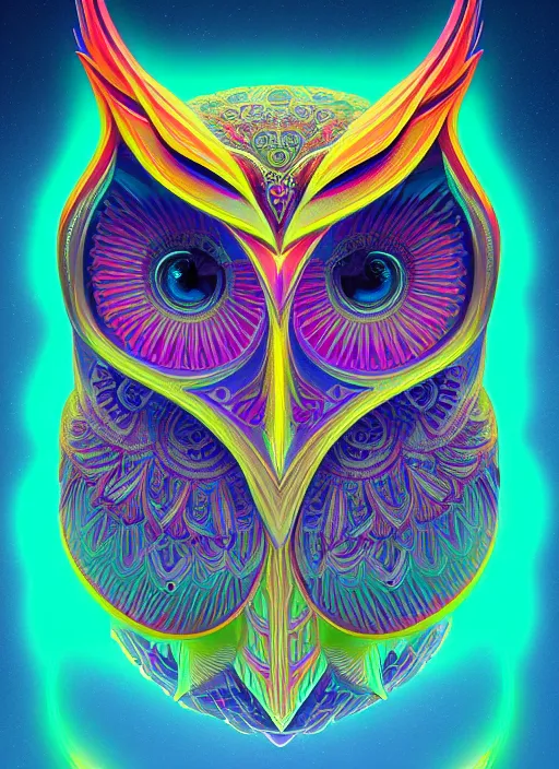 Image similar to symmetry!! product render poster vivid colors divine proportion owl, divine, glowing fog intricate, elegant, highly detailed, digital painting, artstation, concept art, smooth, sharp focus, illustration,