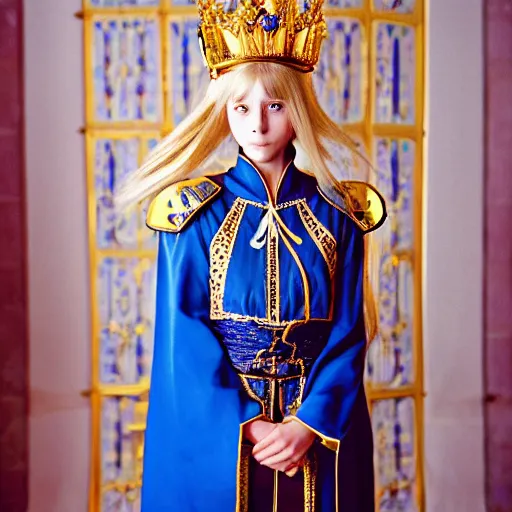 Prompt: a portrait of saber, an anime character of european girl with a crown and blue and gold robes. her pose is strong and confident as she looks towards the camera. the background is of a grand hall with several windows and tapestries. 8 k photography, high resolution, cinestill 8 0 0 t