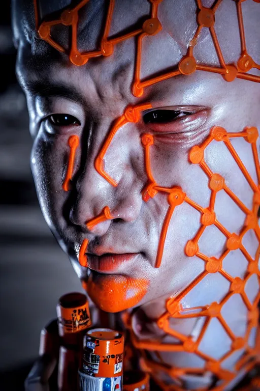 Image similar to hyperrealistic close-up exoskeleton!! chinese man covered in graffiti highly detailed concept art eric zener elson peter cinematic hard orange lighting high angle hd 8k sharp shallow depth of field