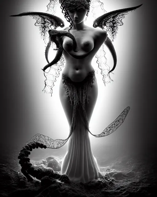 Image similar to surreal mythical dreamy dark artistic black and white fine art photo of a beautiful young female angel - medusa - mermaid - cyborg covered with translucent algae, highly detailed, lace web, rim light, cinematic, studio dramatic light, poetic, octane render, 8 k, photo - realistic, by floria sigismondi