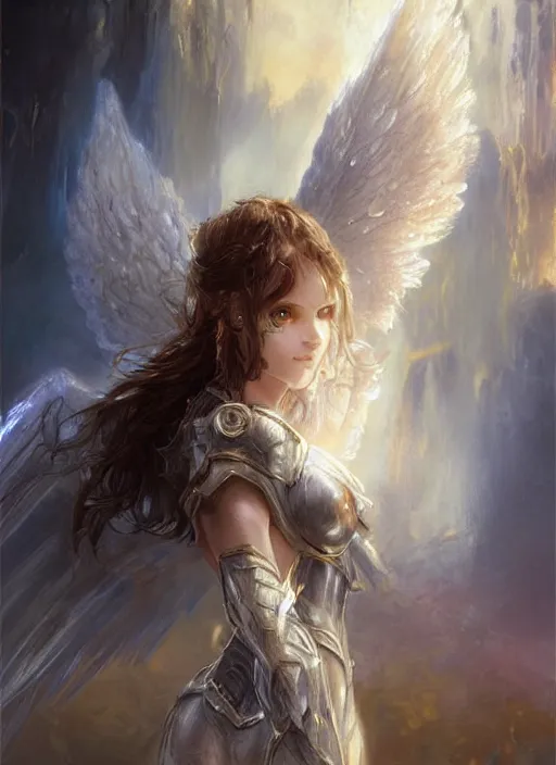 Image similar to concept art, angel knight girl. by artstation trending, by joseph mallord william turner, luis royo, konstantin razumov, cinematic lighting, highly detailed