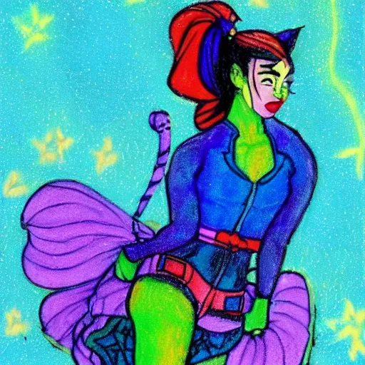 Prompt: oil pastel of Ningning from Aespa neon colors blue and purple aesthetic like Harley Quinn