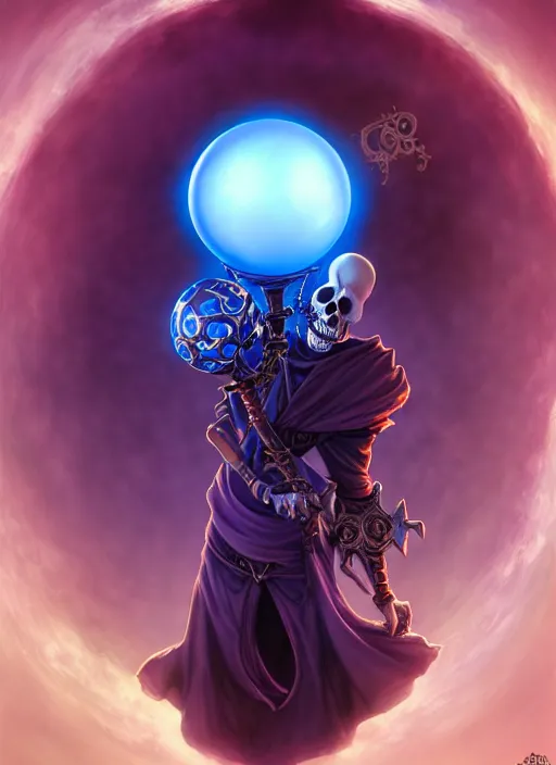 Prompt: lunatic fantasy necromancer with a skull face holding a glowing blue orb natural lighting, path traced, highly detailed, high quality, digital painting, by don bluth and ross tran and studio ghibli and alphonse mucha, artgerm