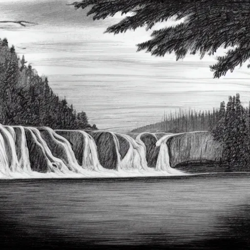 Image similar to A black and white pencil sketch of a huge waterfall flowing into a very large lake, surrounded by lots of trees and very rocky cliffs.