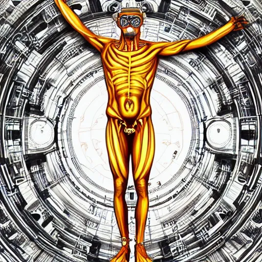 Image similar to a guy standing like the vitruvian man, connected to wires and tubes, wearing goggles, cybernetic, dystopian, Neo Rococo Expressionist, Maximalism, orientalism, diffuse lighting, fantasy, intricate, elegant, highly detailed, lifelike, photorealistic, digital painting, artstation, illustration, concept art, smooth, sharp focus, art by John Collier and Albert Aublet and Krenz Cushart and Artem Demura and Alphonse Mucha