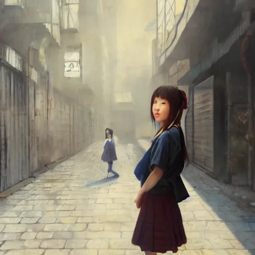 Image similar to a perfect, realistic professional oil painting of a Japanese schoolgirl posing in a dystopian alleyway, close-up, by a professional American senior artist on ArtStation, a high-quality hollywood-style concept