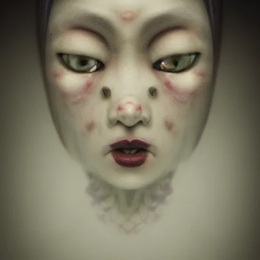 Prompt: by mona kuhn, color photograph portrait of yokai, facing camera, photorealistic, highly detailed, haunting, occult!, elegant, extremely detailed, intricate, dramatic lighting, haunting atmosphere, octane render!!!, 8 k,