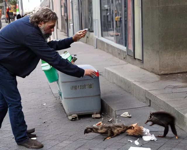 Prompt: slavoj zizek battling with a racoon for food in a trash container in the street