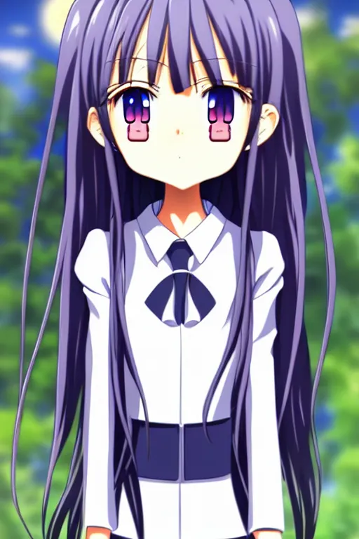 Image similar to full body anime portrait of a cute android girl round eyes long hair dressed in a school uniform inside the school, stunning, highly detailed, anatomically correct