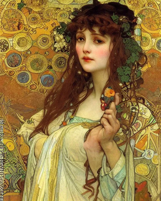 Image similar to an elf princess by Alphonse Mucha, Gustav Klimt and edgar maxence