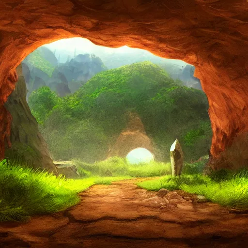 Image similar to a pre historic landscape seen through a cave entrance, digital art, trending on artstation