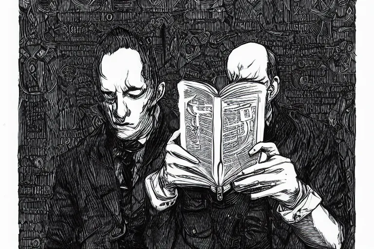 Image similar to “ a extremely detailed stunning portraits of hp lovecraft reading necronomicon by allen william on artstation ”