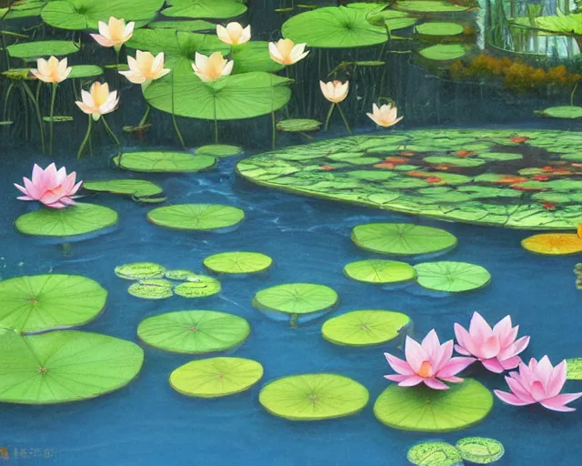 Image similar to koi pond, lotus flowers, dark blue water, green lily pads, goldfish, a fantasy digital painting by makoto shinkai and James Gurney, trending on artstation,