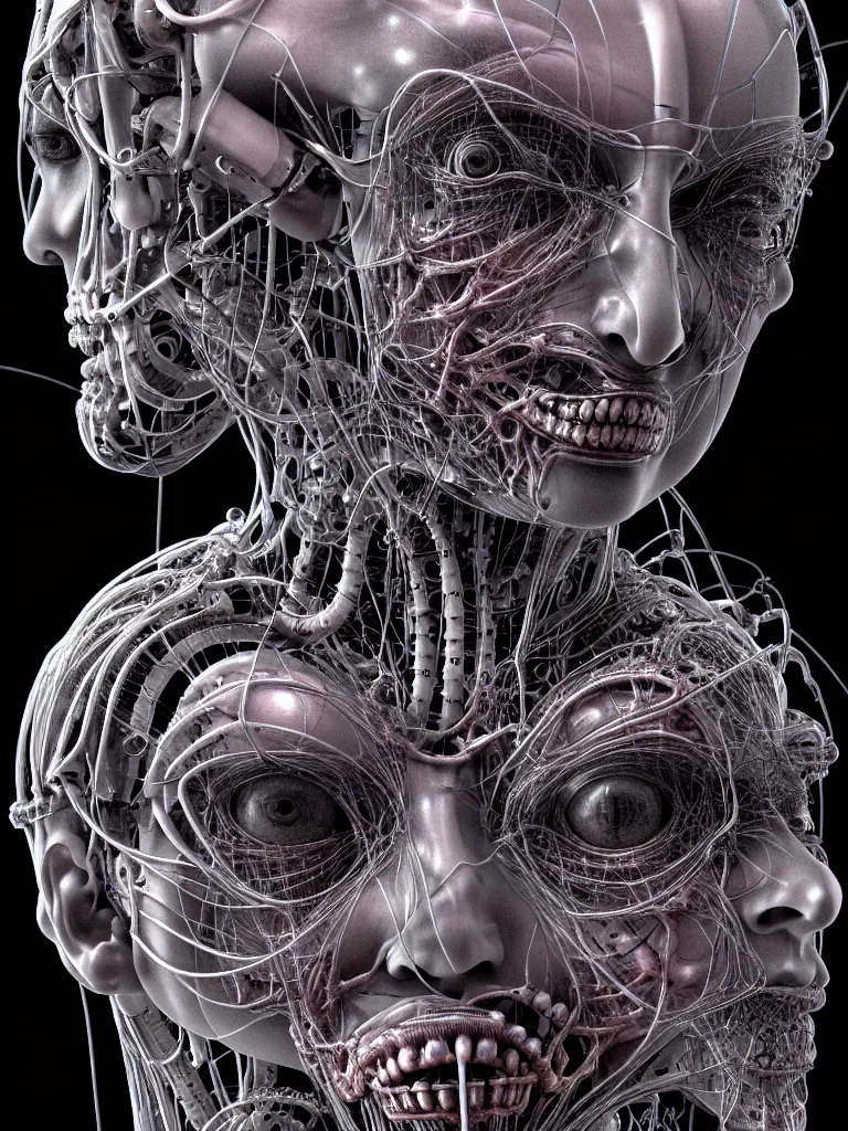 Image similar to portrait of neural nightmares by yoshitaka amano and HR Giger, detailed face face face face, facial structure, hd, 8k, very very very very electronic, biomechanical, biology, bio, neural machine, single subject, terror