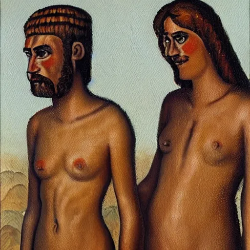 Image similar to a highly detailed oil painting of chalcolithic iberian man and woman, bell beaker people of the chalcolithic and early bronze age atlantic