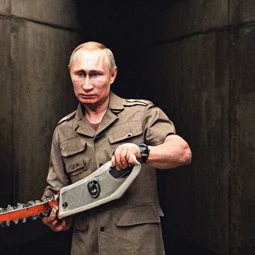 Image similar to putin with a chainsaw. in a concrete bunker with a pile of corpses. focus on putins face with blood splatters. canon eos r 3, f / 1. 4, iso 1 6 0 0, 1 / 8 0 s, 8 k, raw, grainy