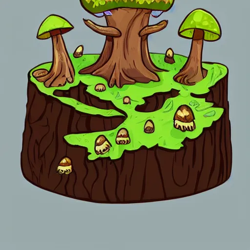 Prompt: a gnarled ancient wooden tree stump with mushrooms growing out of it, organic, highly detailed, vector art, concept art, individual sprite from a gorgeous indie platform game, on a flat color black background