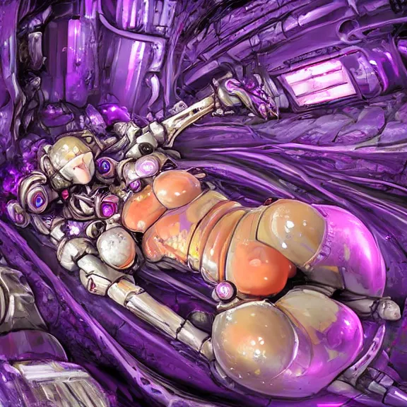 Image similar to detailed shot of inside a cavernous living stomach of a mecha goddess, the walls purple and pulsing, lots of acid pooling up on the floor, digesting and dissolving a small human as it thrashes in acid, food pov, micro pov, vore, digital art, furry art, anthro art, high quality, 8k 3D realistic, macro art, micro art, Furaffinity, Deviantart, Eka's Portal, G6