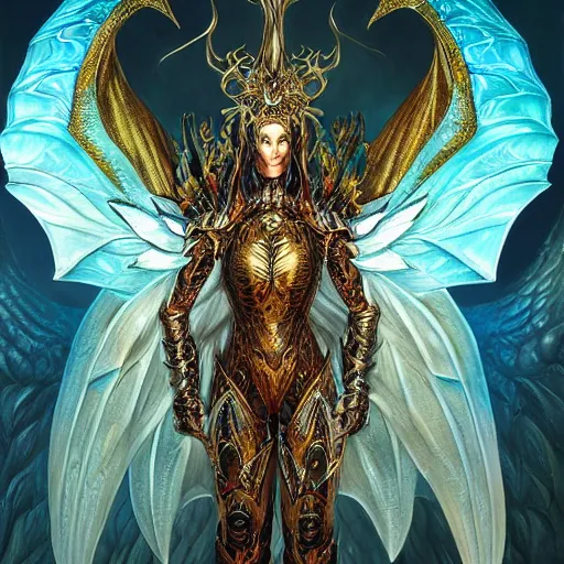 Image similar to a beautiful symmetrical muscular full body wearing a dragon armor with wings made of golden ornaments and gems, by alex gray and android jones , Karol Bak, Ayami Kojima, Amano , concept art, character design, fantasy,3D, 8k resolution