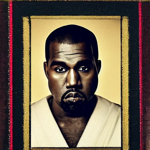 Image similar to the face of kanye west wearing a royal robe and crown at 4 2 years old, portrait by julia cameron, chiaroscuro lighting, shallow depth of field, 8 0 mm, f 1. 8