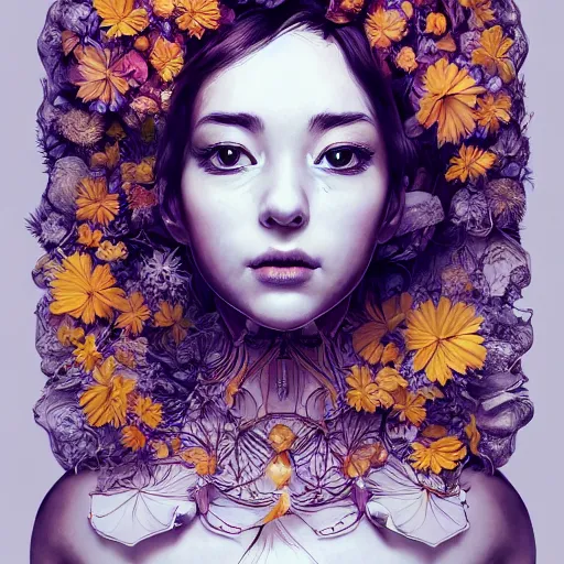 Image similar to the portrait of an absurdly beautiful, graceful, elegant, chaste, young woman made of bananas and petals looking up, an ultrafine detailed illustration by kim jung gi, irakli nadar, intricate linework, bright colors, octopath traveler, final fantasy, angular, unreal engine 5 highly rendered, global illumination, radiant light, detailed and intricate environment