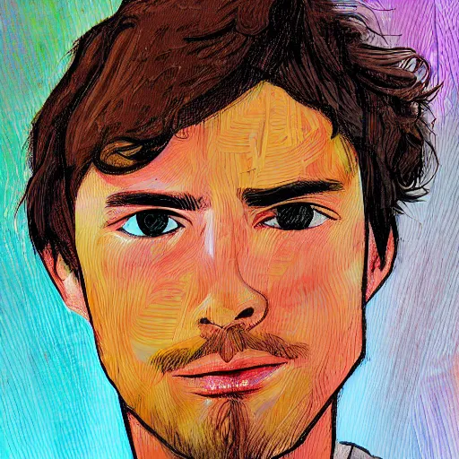 Image similar to a head - on comic - style colorful portrait of a 2 0 - something engineering student, brown messy hair, by laurie greasly