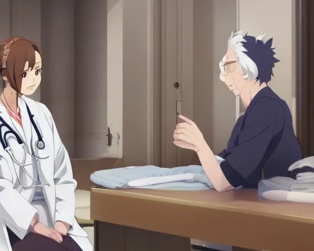 Image similar to a cute and beautiful young female doctor wearing white coat are talking with an old professor in a hospital, slice of life anime, lighting, anime scenery by Makoto shinkai