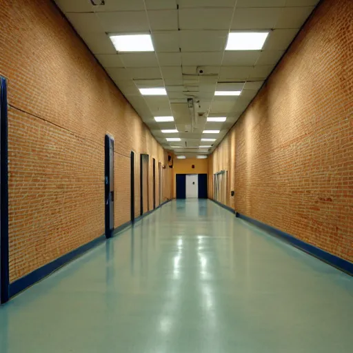 Image similar to the interior of an empty school hallway, small, cramped, blue lockers, large painted white brick walls, dim fluorescent lighting, circa 2 0 0 2