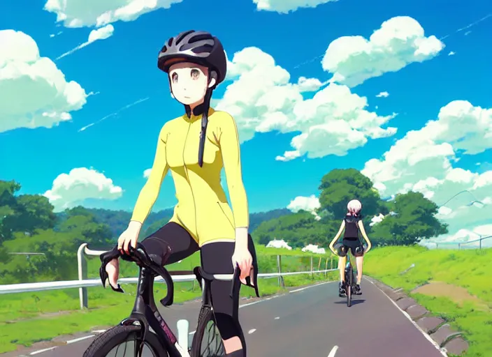 Prompt: portrait of cute girl riding road bike, sunny sky background, lush landscape, illustration concept art anime key visual trending pixiv fanbox by wlop and greg rutkowski and makoto shinkai and studio ghibli and kyoto animation, symmetrical facial features, sports clothing, yellow helmet, nike cycling suit, backlit, aerodynamic frame, yowamushi pedal