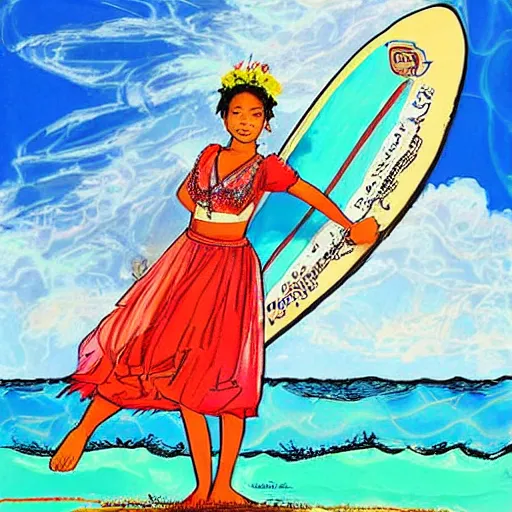 Prompt: The drawing depicts a young girl in a traditional hula outfit. She is standing on a surfboard in front of a beautiful ocean landscape. Versacci by Robert Williams, by Jim Mahfood atmospheric