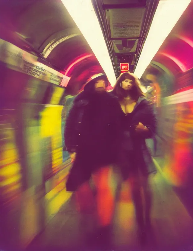 Image similar to wide angle, polaroid photograph with flash, in nyc subway couple of man and woman surrounded by aura light, cool colors, bleached, kodak film stock, hyper real, stunning moody cinematography, with anamorphic lenses, by maripol, detailed