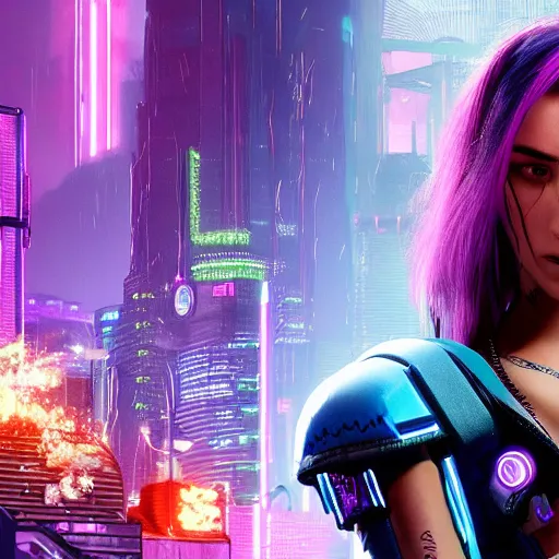 Prompt: Bella Poarch as Cyberpunk 2033 character