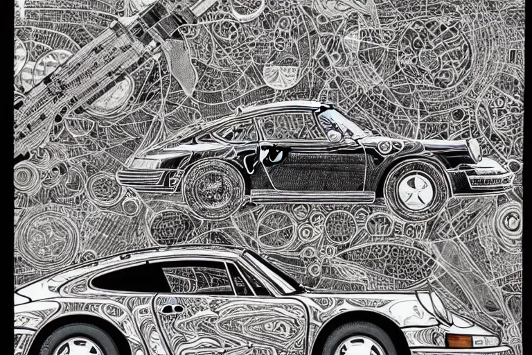 Image similar to a black and white drawing of a porsche 9 1 1, a detailed mixed media collage by hiroki tsukuda and eduardo paolozzi and moebius, intricate linework, sketchbook psychedelic doodle comic drawing, geometric, street art, polycount, deconstructivism, matte drawing, academic art, constructivism