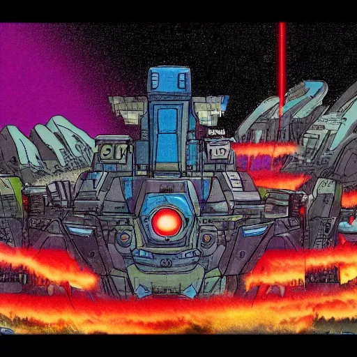 Prompt: 8 0 s cybertron landscape, explosive, smoke, fire, autobot fight decepticon, cel shade animation, bird's eyes view - n 9