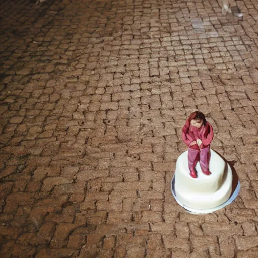 Prompt: miniature human standing in the shadow an enormous cake, low angle