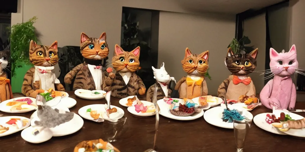 Image similar to claymation cats dressed fancy eating a delicious meal wiith the company of good friends