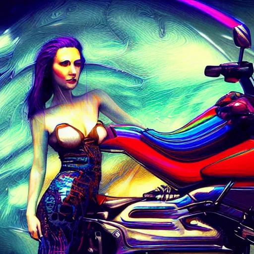 Prompt: a digital painting of a woman with a motorcycle, cyberpunk art by android jones, pixabay contest winner, computer art, glitch art, sci - fi, angular