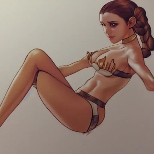 Image similar to beautiful princess leia in a bikini on the beach drawn by artgerm